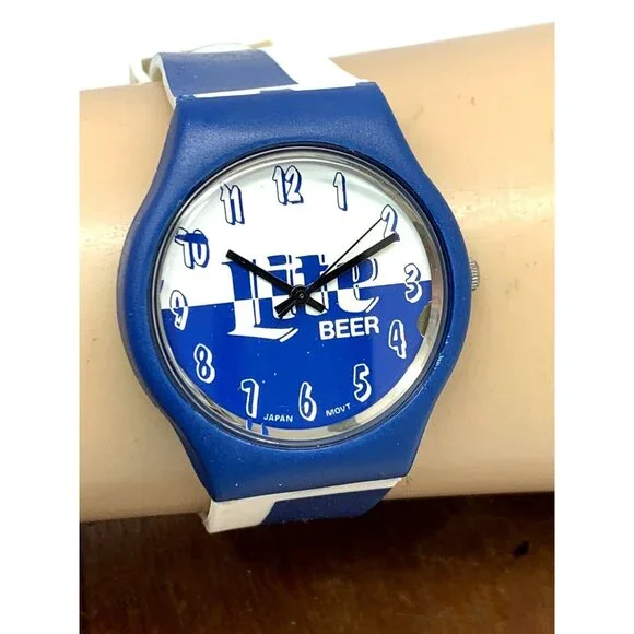 Miller Lite Beer Watch Unisex Quartz Vintage Blue White Rubber Band 35mm